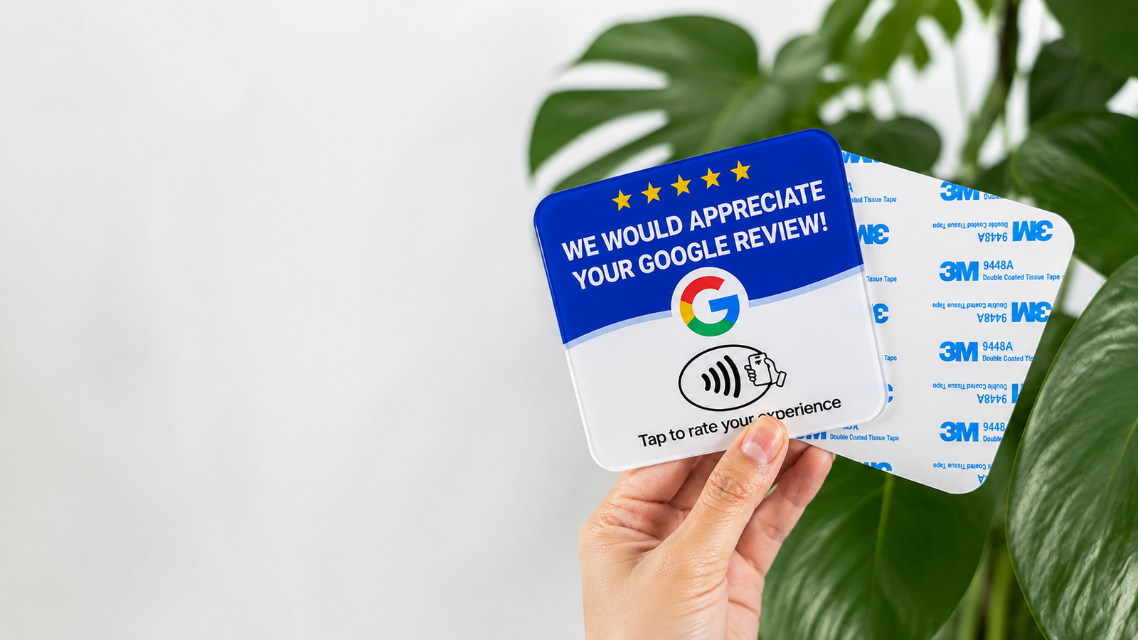 Square blue-and-white adhesive NFC Google review plaque with 3M backing